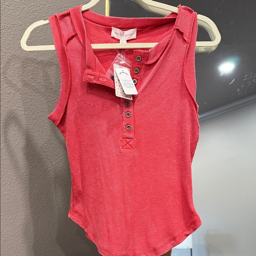 Women's Ribbed Henley Tank - Coral Red
